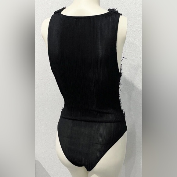 ZARA Black Textured Fringe Bodysuit Sleeveless V-Neck Women’s Small - Picture 4 of 10